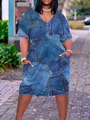 Denim Print V Neck Dress With Pockets