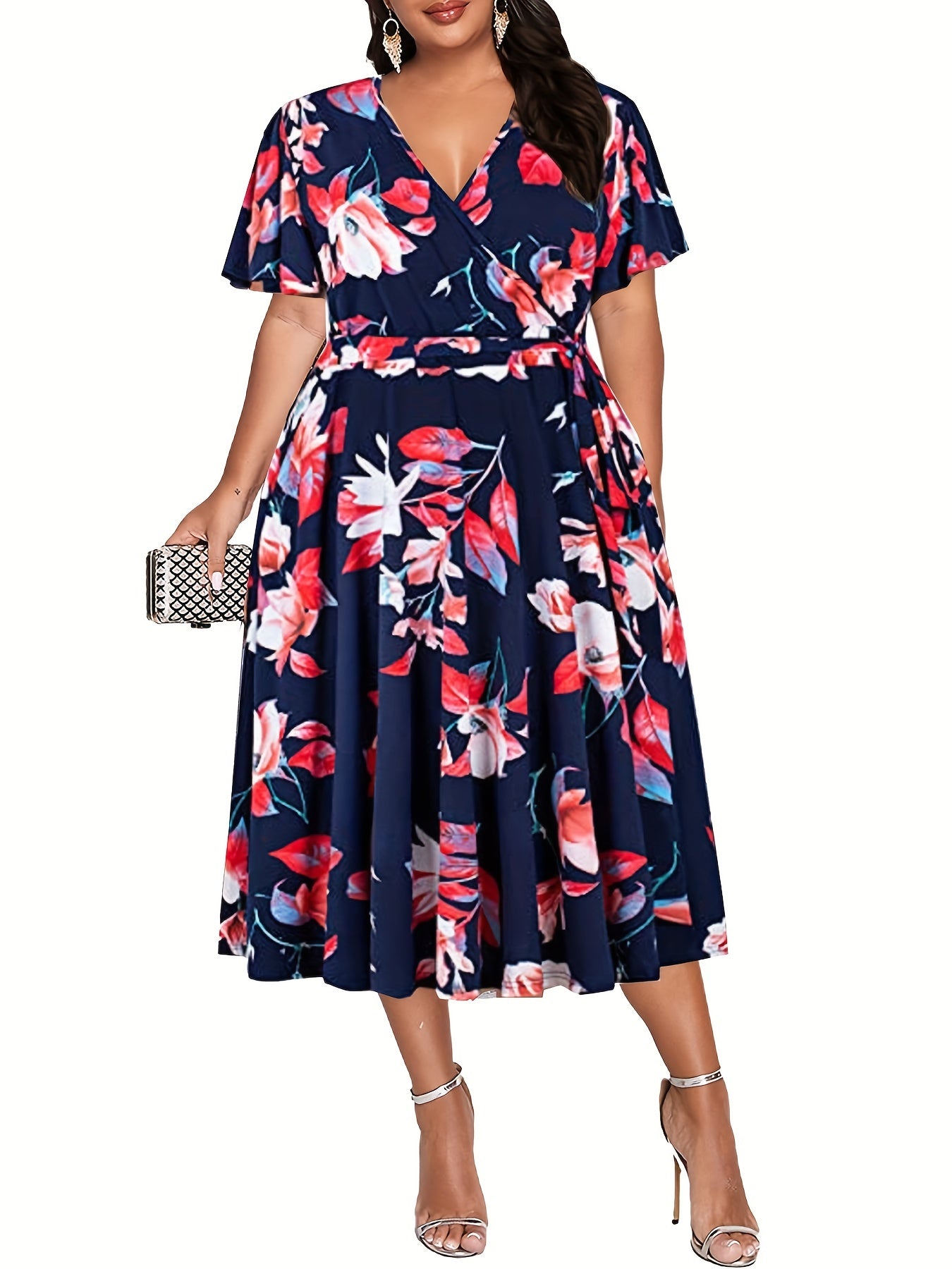 Floral Print Short Sleeve Midi Dress With Belt