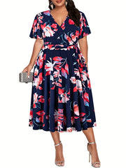 Floral Print Short Sleeve Midi Dress With Belt