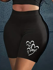 Women's Heart & Letter Print High Rise Skinny Shorts