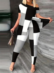 Casual Two piece Set Slanted Shoulder Asymmetrical Tee & Slim Pants
