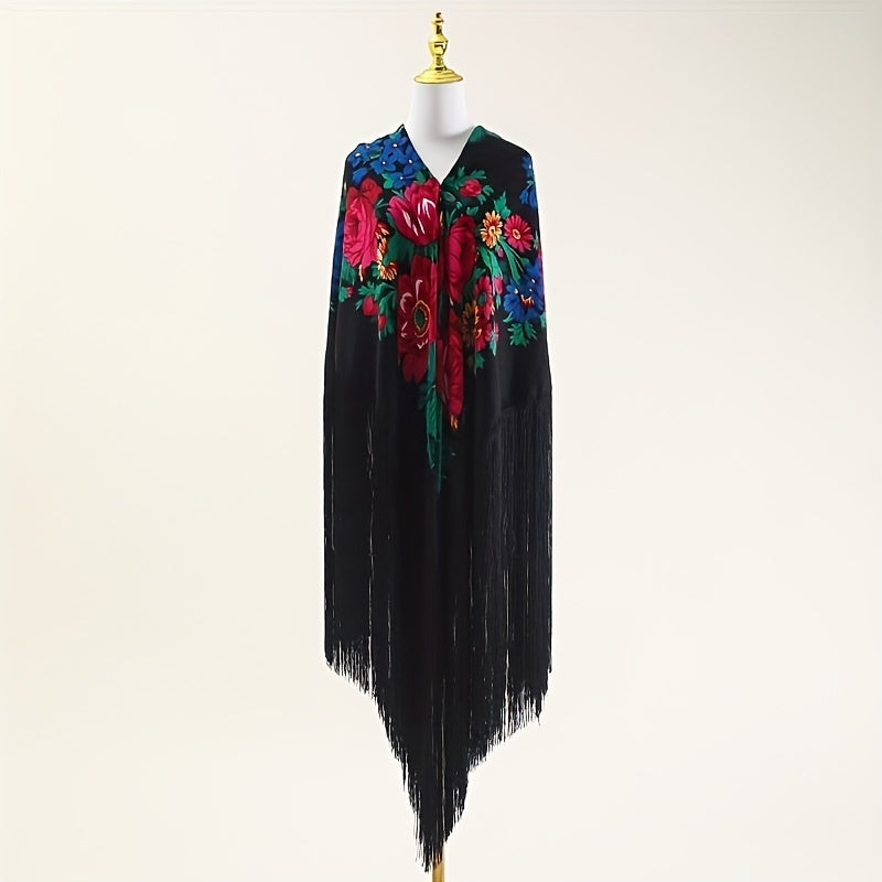 National Style Print Shawl Ultra Long Tassel Retro Style Shawl