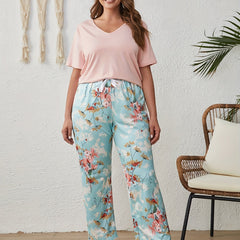 Casual Pajamas Set Women's Plus Soft Tee & Floral Print Pants