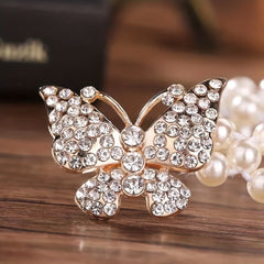 Butterfly Buckle Faux Pearl Belt Rhinestone Decor Elastic Waistband