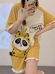 Cartoon Animal Print Pajama Set Short Sleeve Crew Neck Top & Ruffle Shorts