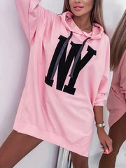Letter Print Split Side Hoodie Casual Long Sleeve Drawstring Hoodies Sweatshirt