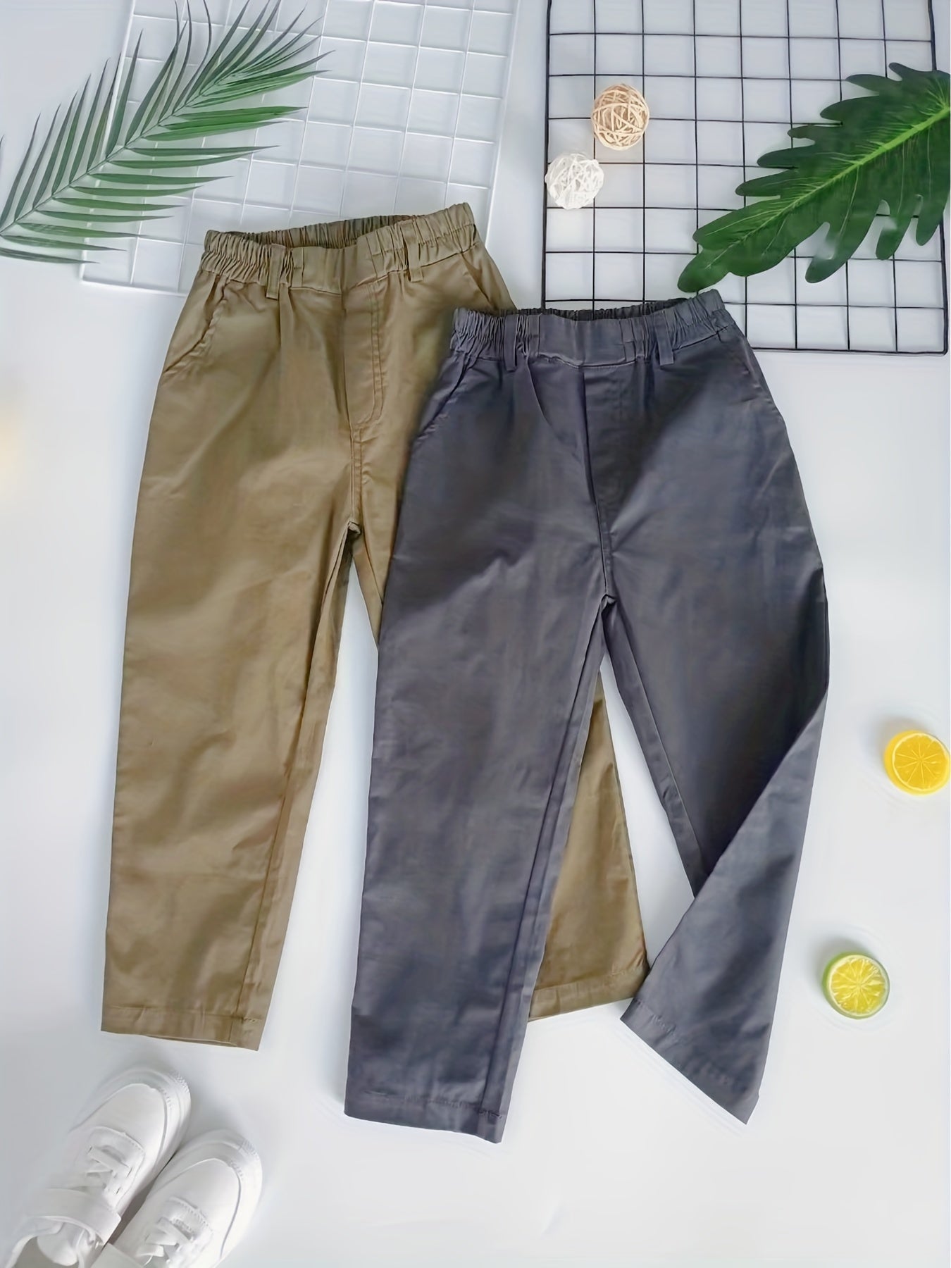 2pcs Boys Solid Loose Cargo Pants Elastic Waist Jogger Pants With Pocket