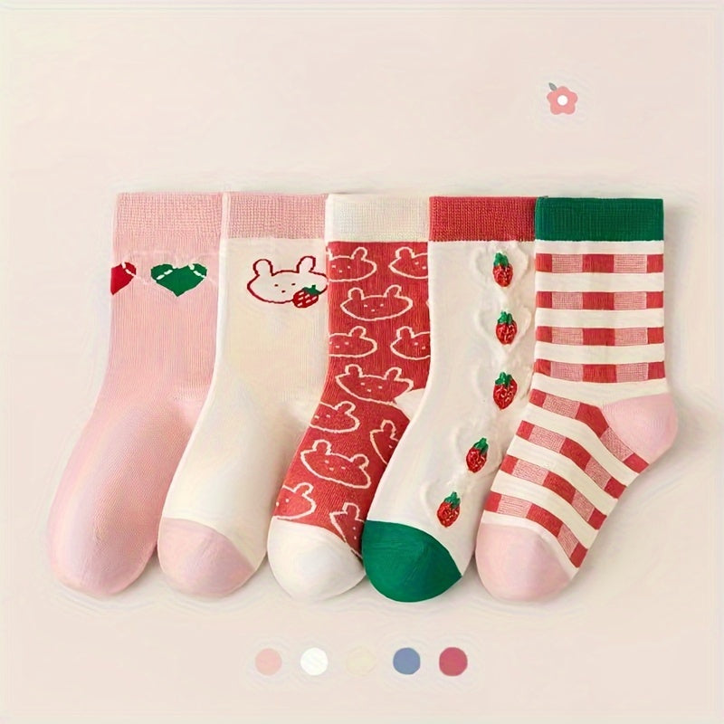 5 Pairs Girl's Cartoon Knitted Socks Soft Crew Socks
