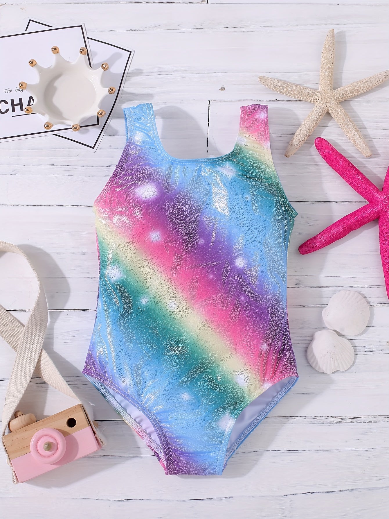 Girls Rainbow One Piece Swimsuit Sparkly Pattern Summer Swimwear