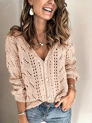 Hollow Out Long Sleeve V Neck Jumper