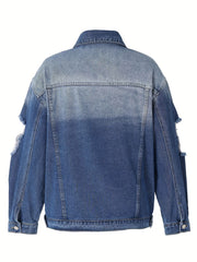 Casual Denim Jacket Women's Plus Washed Ripped Long Sleeve Button Up