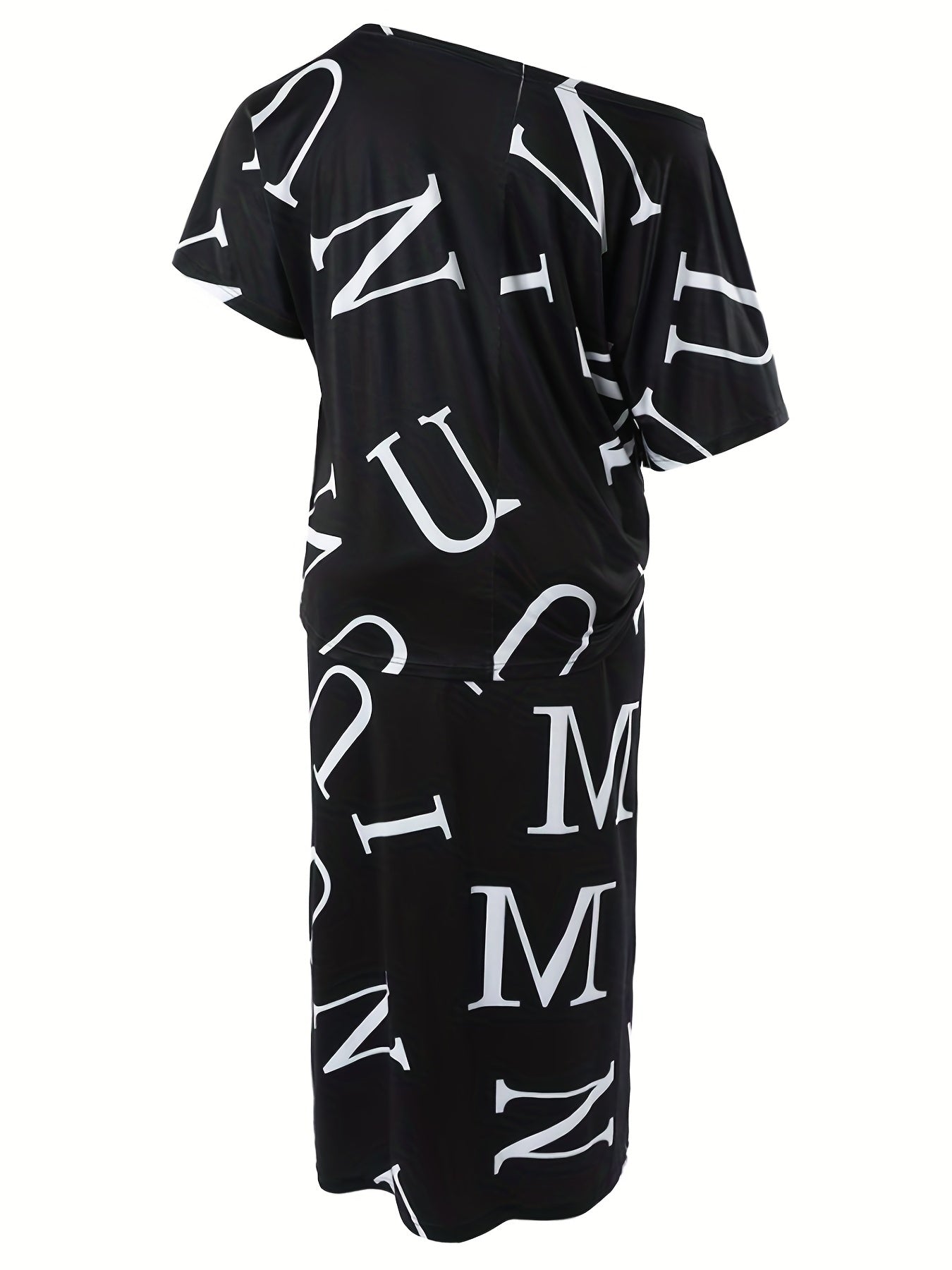 Letter Print 2pc Set Cold Shoulder Top & Drawstring Skirt Outfits