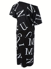 Letter Print 2pc Set Cold Shoulder Top & Drawstring Skirt Outfits
