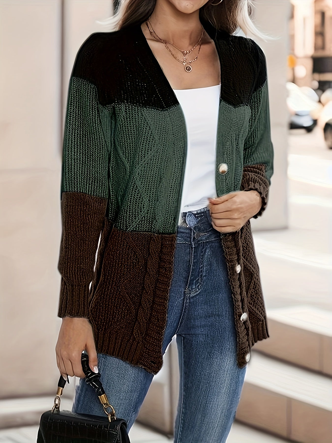 Block Knit Cardigan Button Front Casual Long Sleeve Sweater