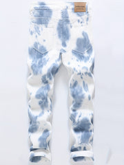 Tie Dye Slim Fit Ripped Jeans Men's Casual Street Style Denim Pants