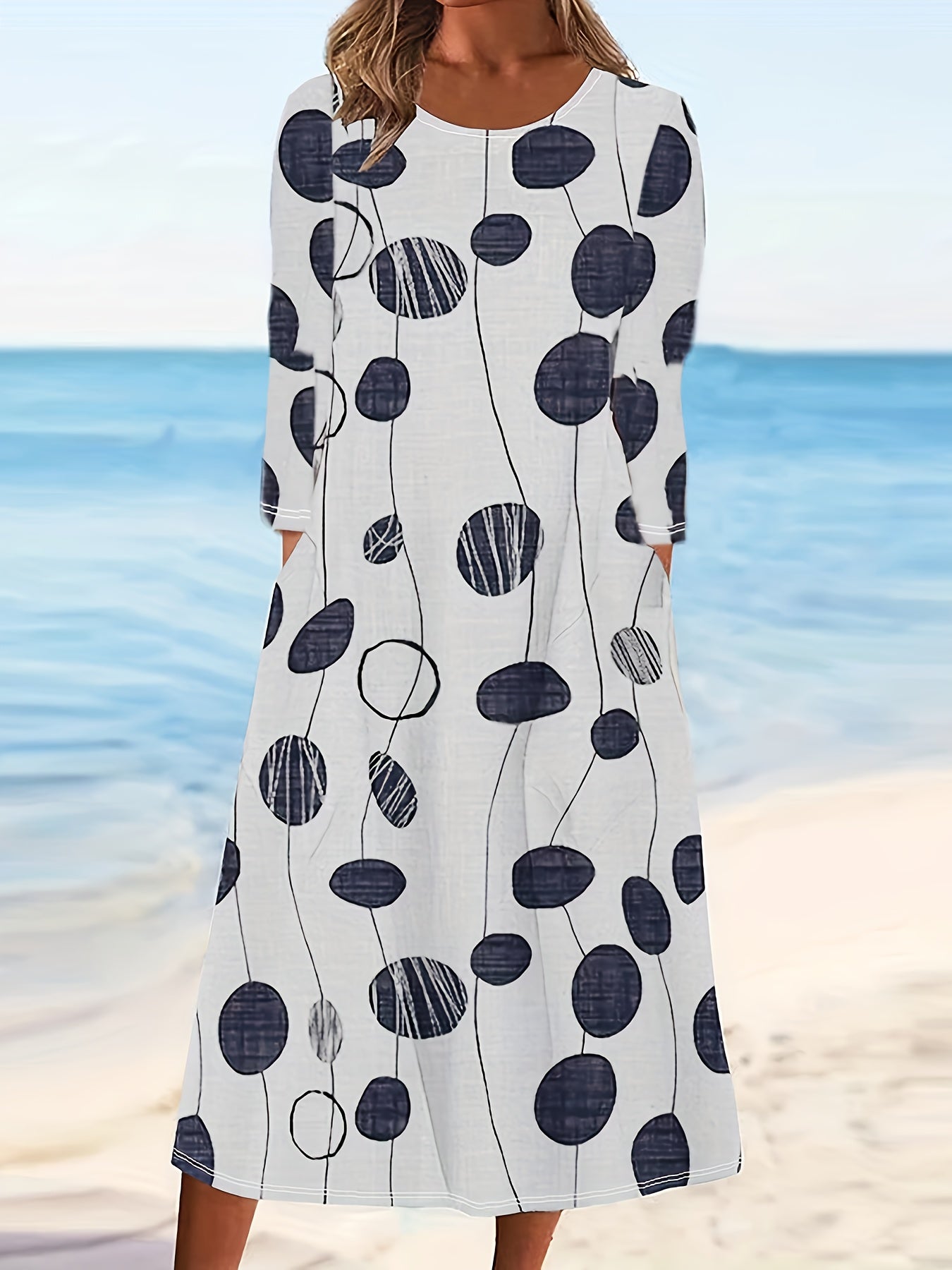 Boho Dress Women's Plus Stripe & Dot Print Long Sleeve Round Neck Dress