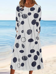 Boho Dress Women's Plus Stripe & Dot Print Long Sleeve Round Neck Dress