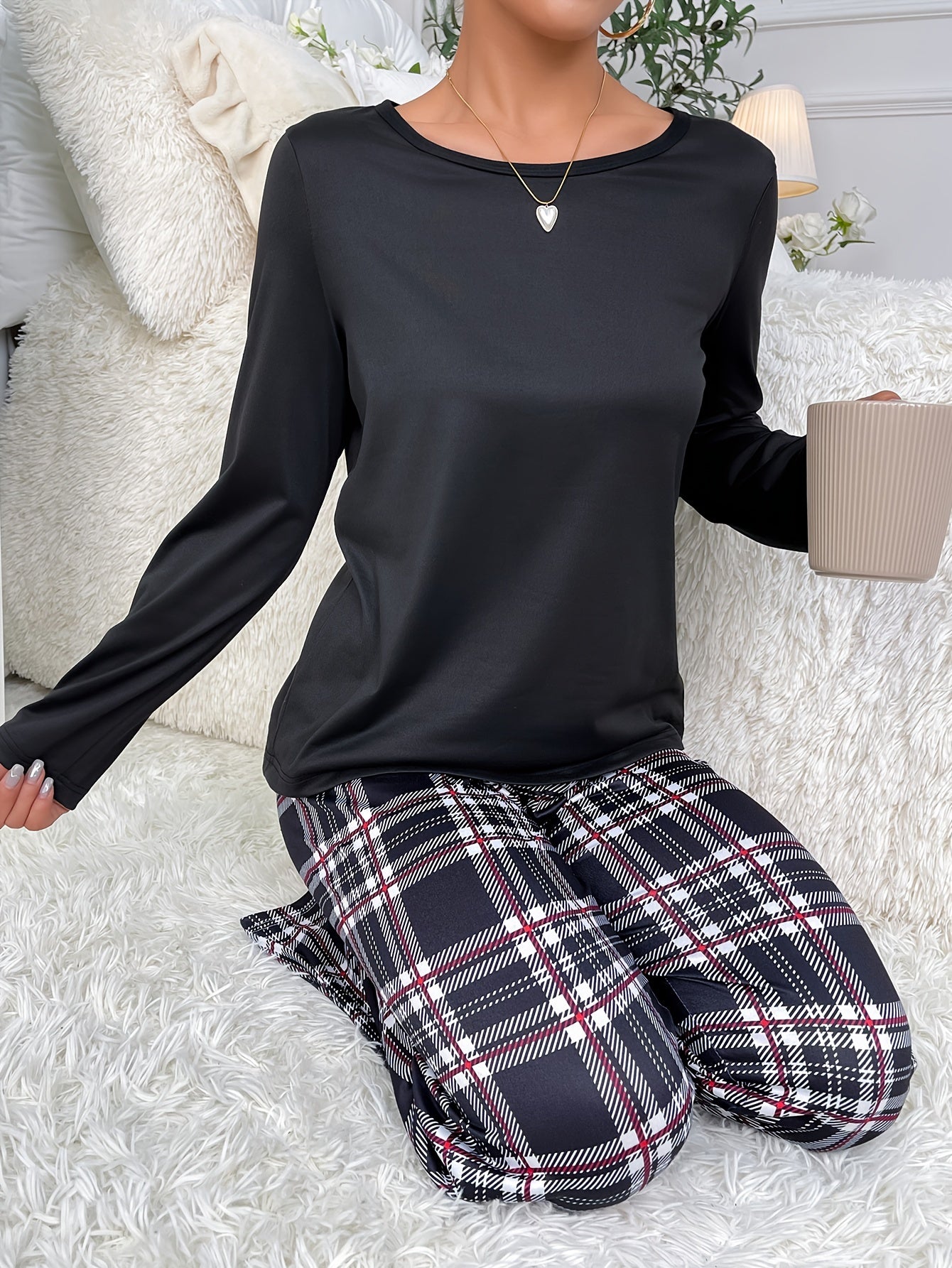 Plaid Print Pajama Set Long Sleeve Crew Neck Top & Elastic Waistband Pants