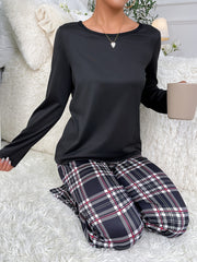 Plaid Print Pajama Set Long Sleeve Crew Neck Top & Elastic Waistband Pants