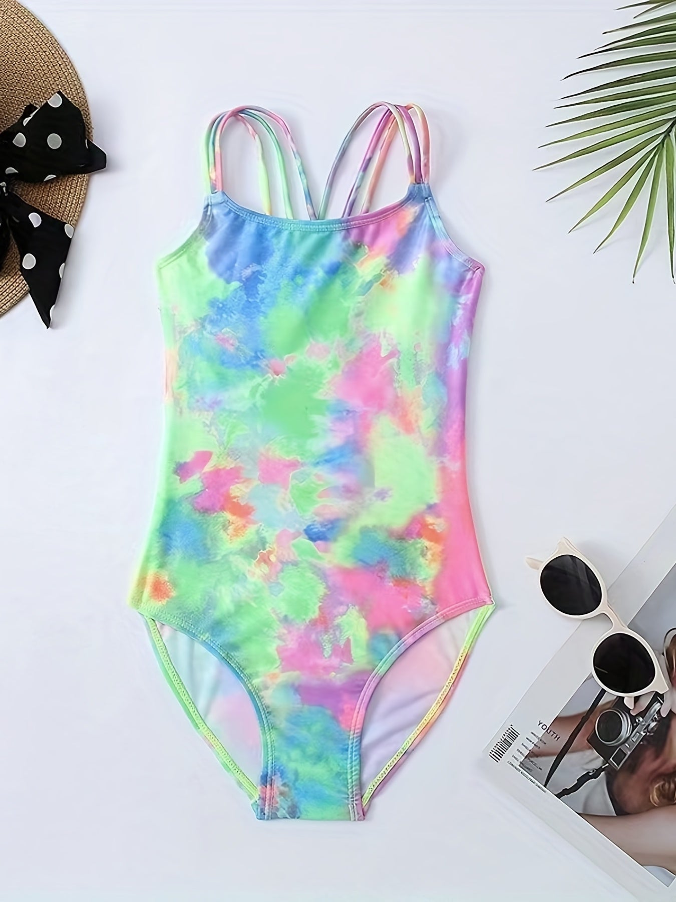 Girls' Tie Dye Hawaiian Swimsuit Iridescent Graphic Mid Stretch Suspenders