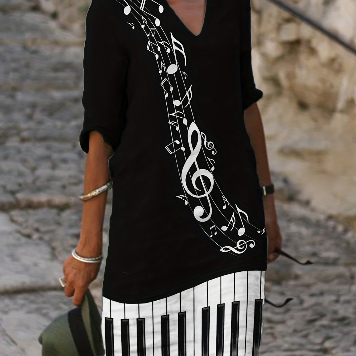 Music Note Print Half Sleeve Dress