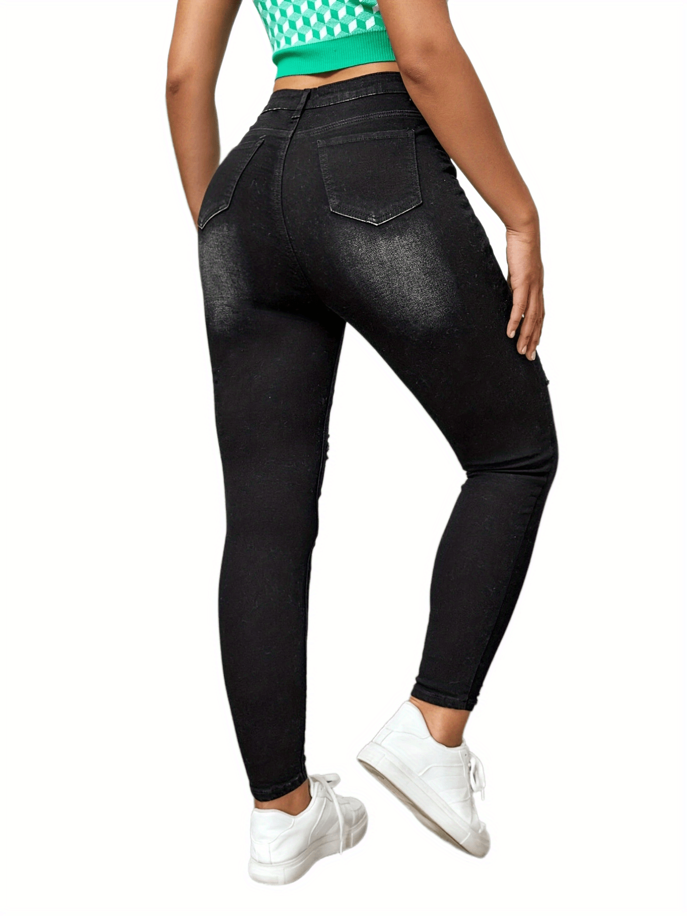 Ripped Skinny Jeans Slash Pockets Distressed High Waist Slim Fit