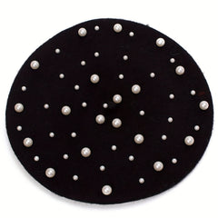 Women's Wool Knitted Beret with Pearl Bead Decoration