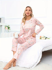 Floral Print Pajama Set Long Sleeve Top & Pants Women's Sleepwear