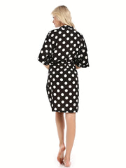 Polka Dot Print Short Sleeve Night Robe V Neck House Robe Women's Sleepwear