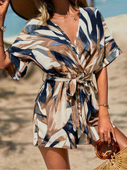 Graphic Print Romper Jumpsuit Tie Waist V neck Romper for Women