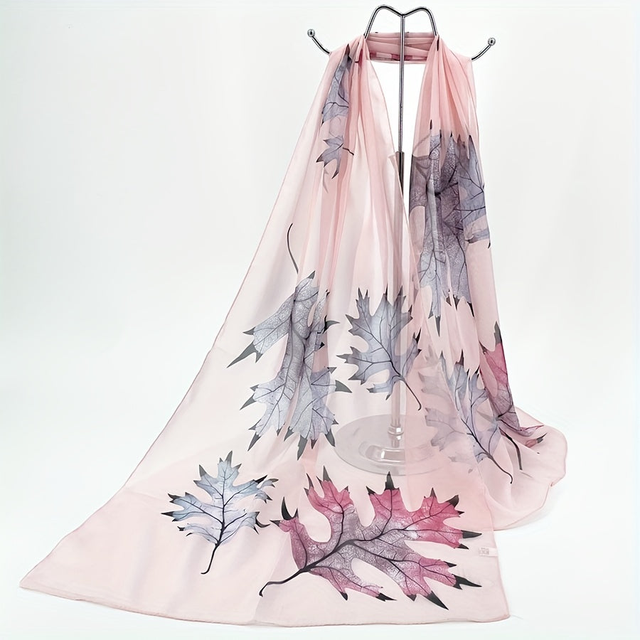 Maple Leaf Print Chiffon Scarf Silk Shawl Casual Windproof Head Wrap