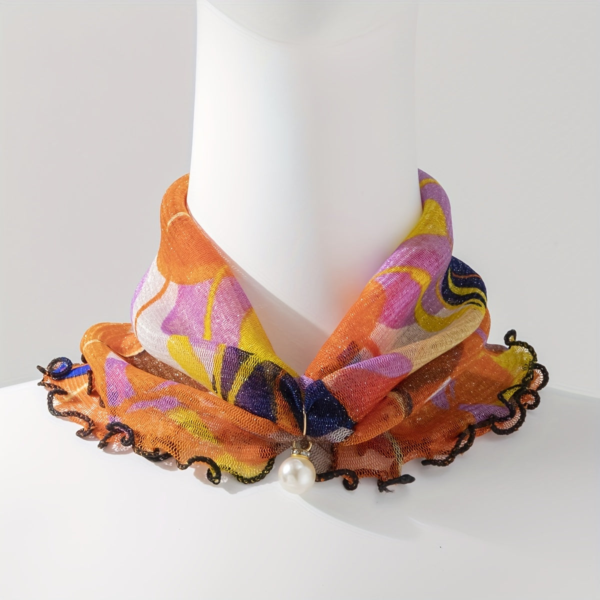 Ruffle Scarf Faux Pearl Decor Elastic Neckerchief
