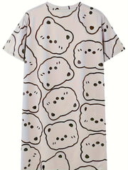 Bear Print NightDress Short Sleeve Pajama Dress Women's Sleepwear
