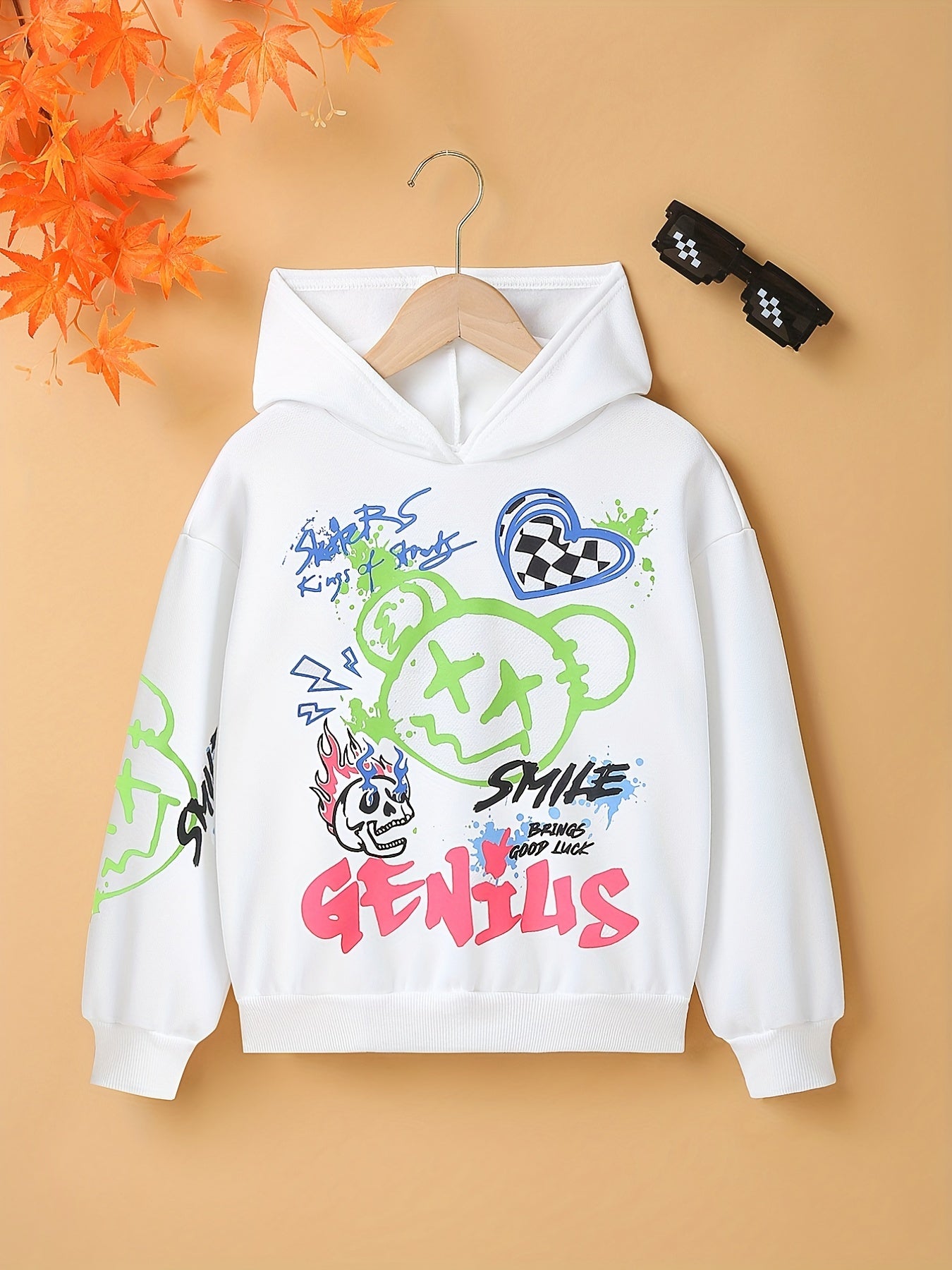 Letter And Bear Print Boys Hooded Sweatshirt For Spring Fall