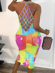 Floral Print Bodycon Criss Cross Dress Backless Spaghetti Dress