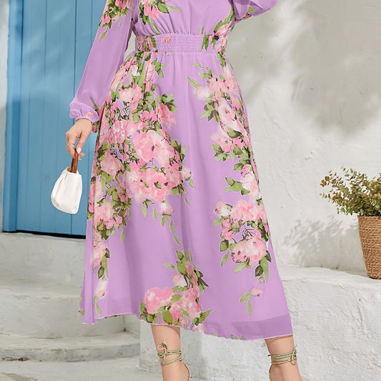 Abaya Dress Floral Print Lantern Sleeve V Neck Maxi Jalabiya Dress