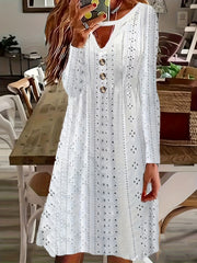 Casual Dress Women's Plus Solid Eyelet Embroidery Button Decor Dress