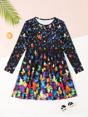 Rainbow Butterfly Long Sleeve Dress Girls Crew Neck Spring Fall