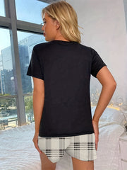 Plaid Print Pajama Set Short Sleeve Top & Bow Shorts