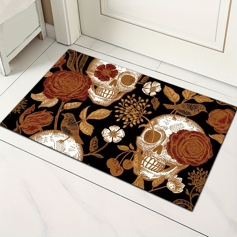 Vintage Skull Flower Print Machine Washable Area Rug - Indoor Use