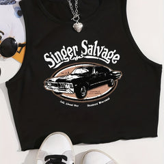 Vintage Car Print Crop Tank Top Sexy Summer Sleeveless Casual Top