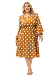 Dot Print Long Lantern Sleeve Midi Dress Women's Plus Round Neck Dress