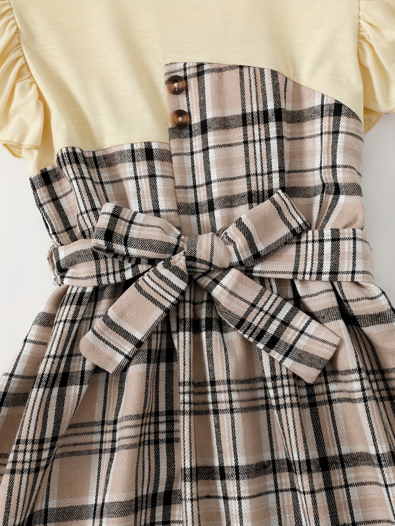 Toddler Girls Ruffle Trim Plaid Button Casual Belted Spliced Dress