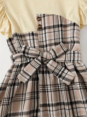 Toddler Girls Ruffle Trim Plaid Button Casual Belted Spliced Dress