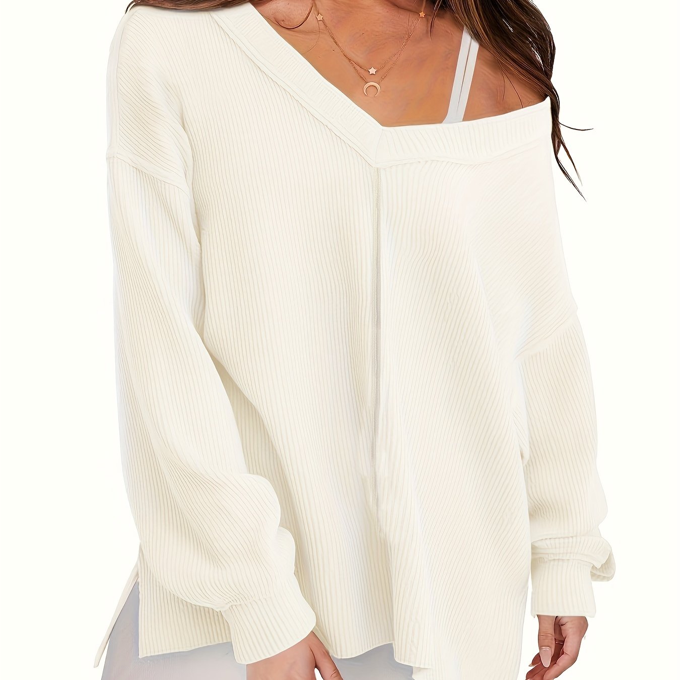 Solid Long Sleeve V Neck Knit Top