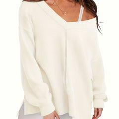 Solid Long Sleeve V Neck Knit Top