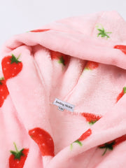 Girls Hooded Bathrobe Strawberry Pattern Flannel Soft Warm Pockets Belt Robe