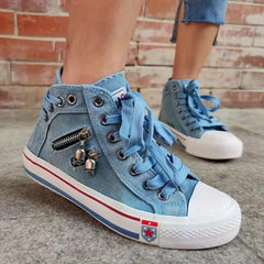 Women's Skull Zipper Denim Canvas Shoes Casual High Top Flat Shoes