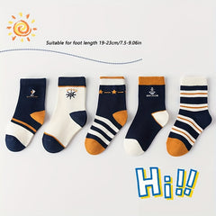 5 Pairs Boy's Cartoon Striped Crew Socks Comfy Casual Style Unisex