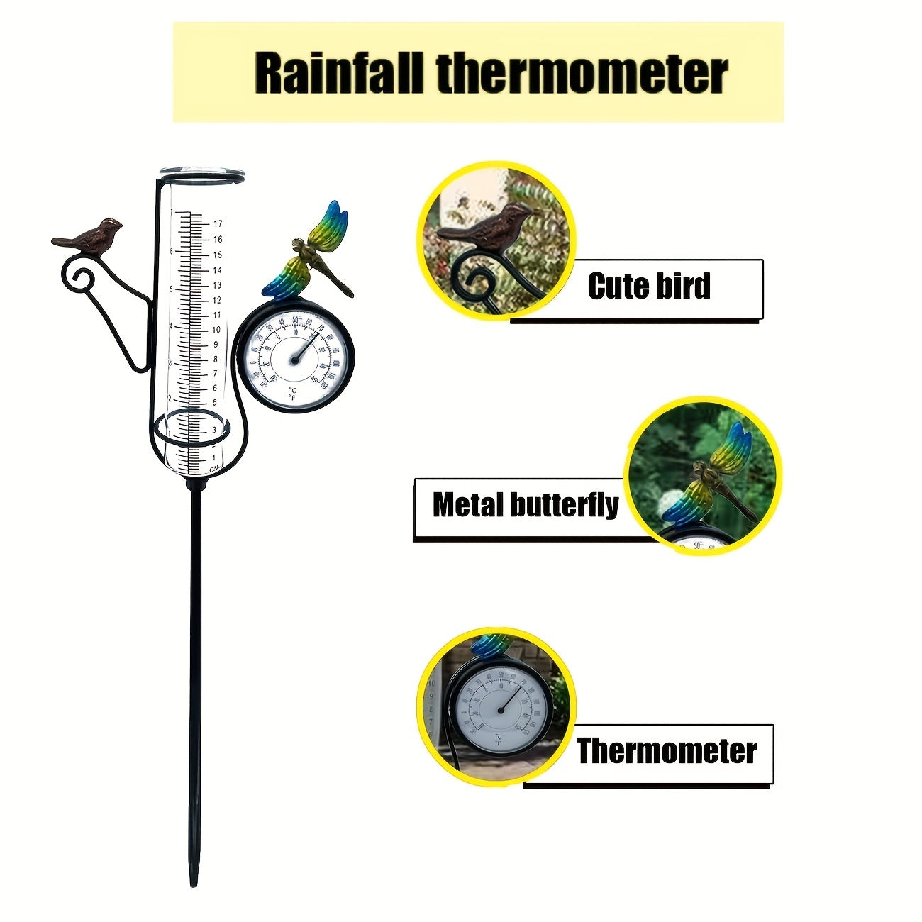 Outdoor Bird & Dragonfly Art Rain Gauge with Thermometer, 68cm Metal Frame